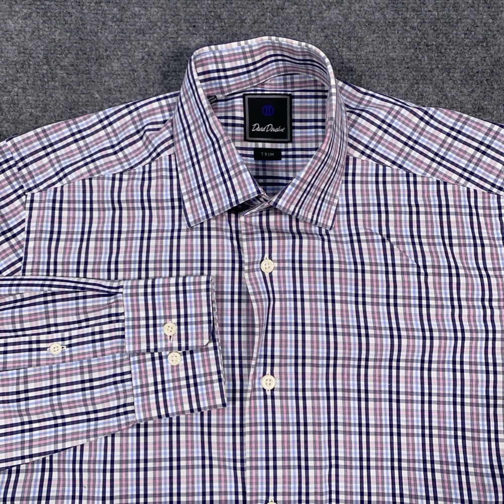 David Donahue Trim Fit Check Luxury Non-Iron Dress Shirt Mens 15 32/33 (S/M) - Picture 1 of 10